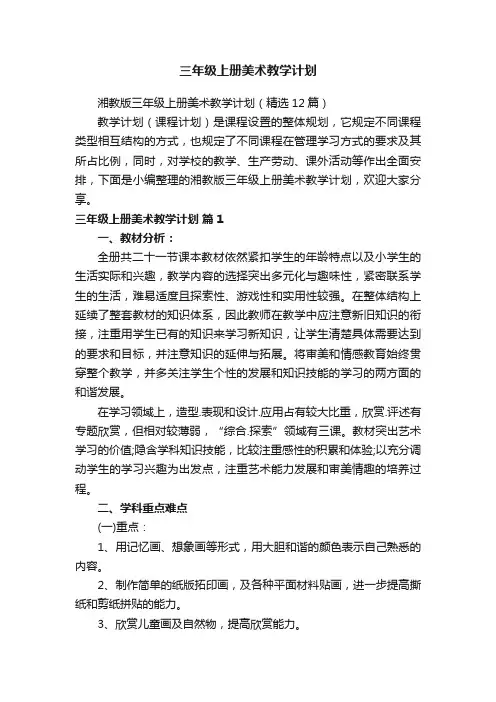 湘教版三年级上册美术教学计划（精选12篇）