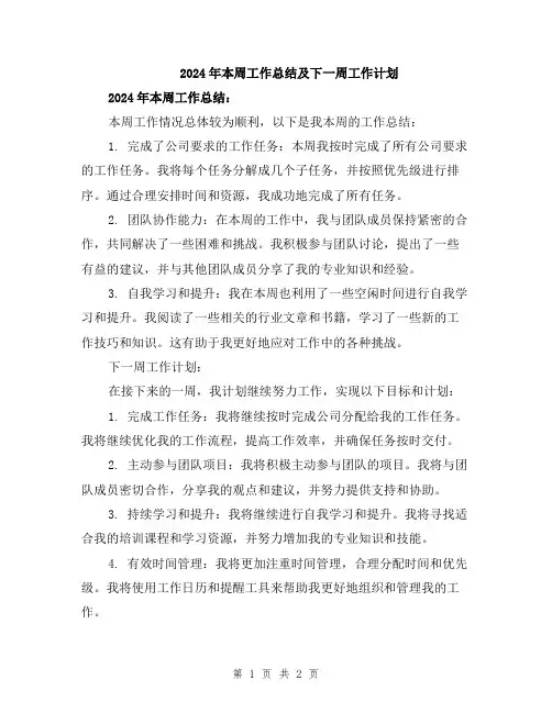 2024年本周工作总结及下一周工作计划