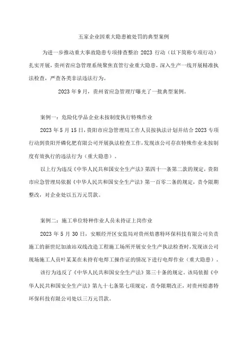 五家企业因重大隐患被处罚的典型案例