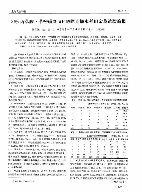 30%丙草胺·苄嘧磺隆WP防除直播水稻田杂草试验简报