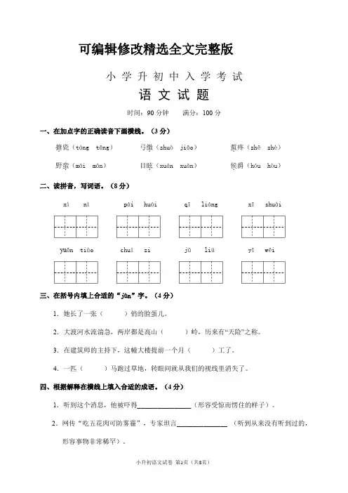 小升初语文试卷(含答案)精选全文完整版