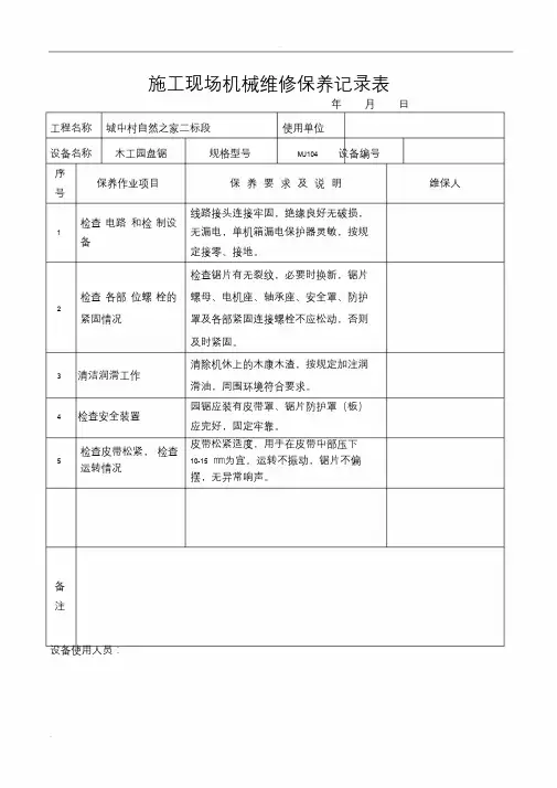 施工现场机械设备维修保养记录表