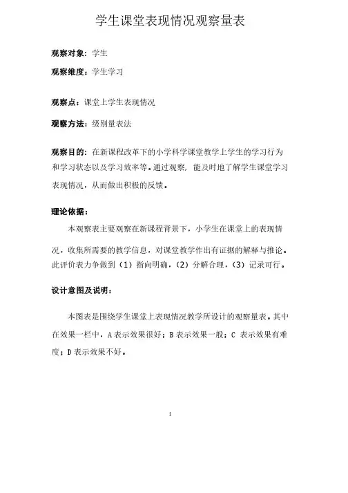 学生课堂表现情况观察量表