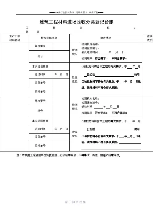 建筑工程材料进场验收分类登记台账