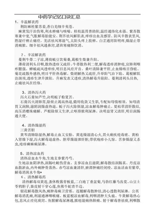 中药学功效记忆口诀汇总