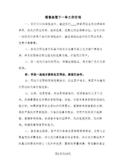 销售经理下一年工作计划(七篇)