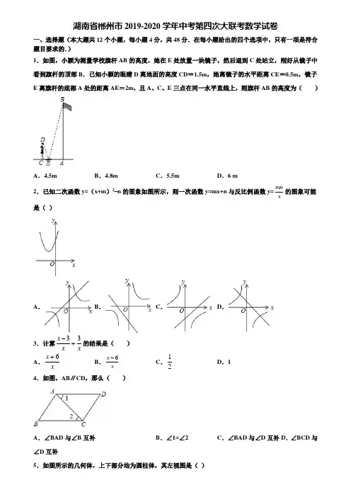 湖南省郴州市2019-2020学年中考第四次大联考数学试卷含解析