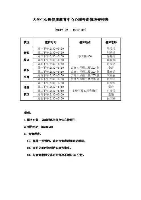 大学生心理健康教育中心心理咨询值班安排表
