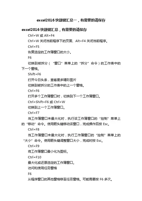 excel2016快捷键汇总一，有需要的请保存