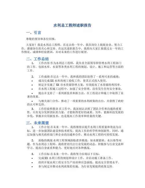 水利总工程师述职报告