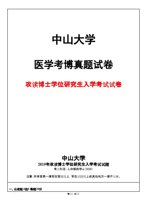 中山大学人体解剖学A2019(2039)年考博真题试卷