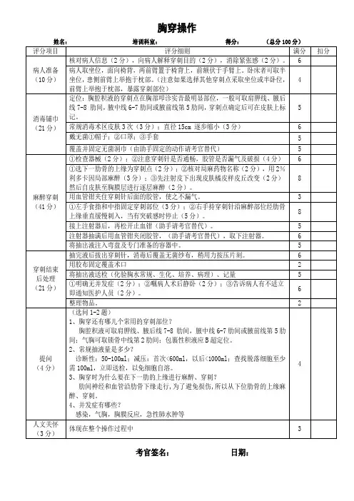 胸穿评分表(传)