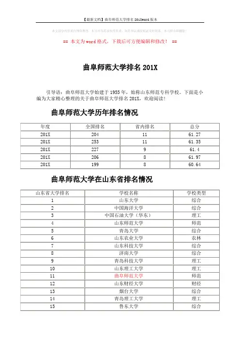 【最新文档】曲阜师范大学排名201Xword版本 (3页)