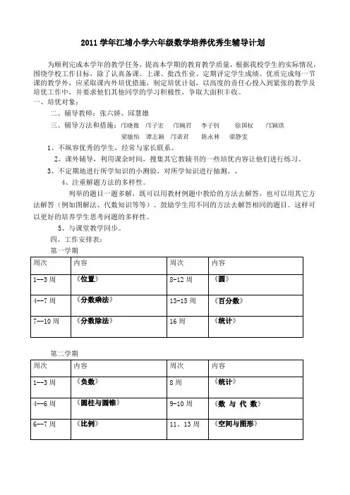 江埔小学培养优秀生情况记录表