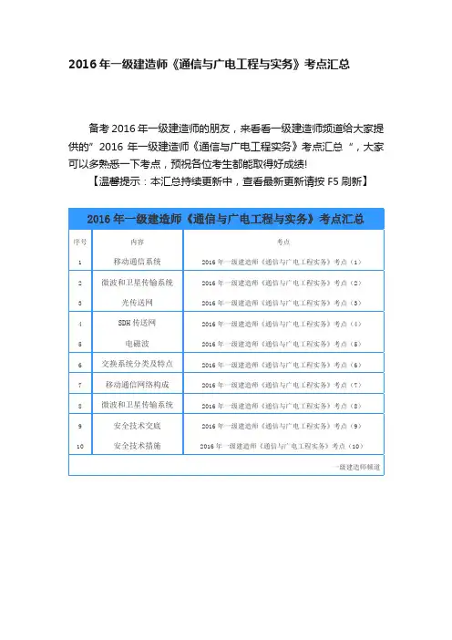 2016年一级建造师《通信与广电工程与实务》考点汇总