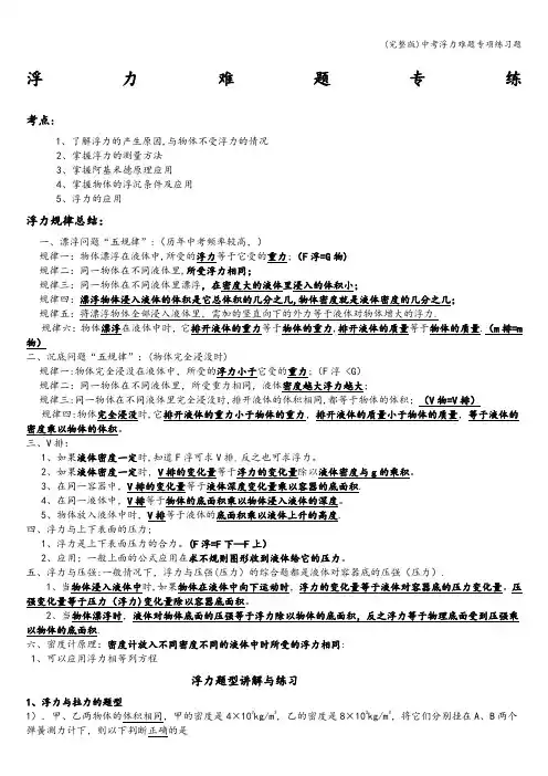 (完整版)中考浮力难题专项练习题