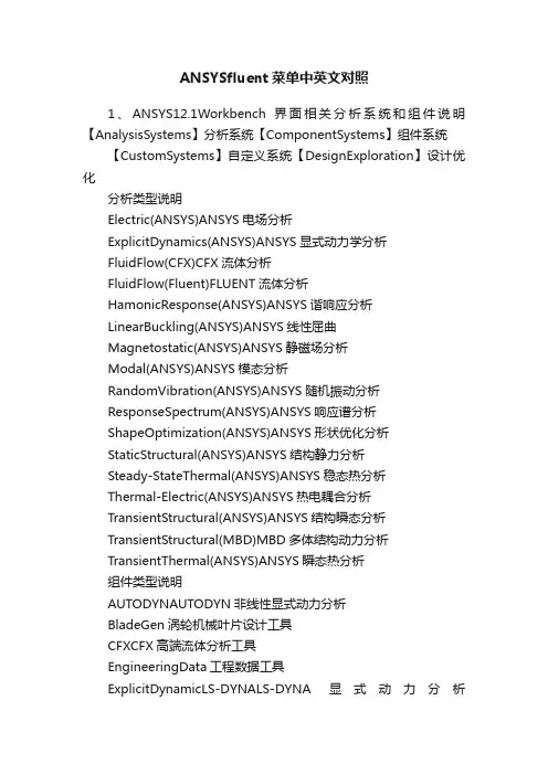 ANSYSfluent菜单中英文对照