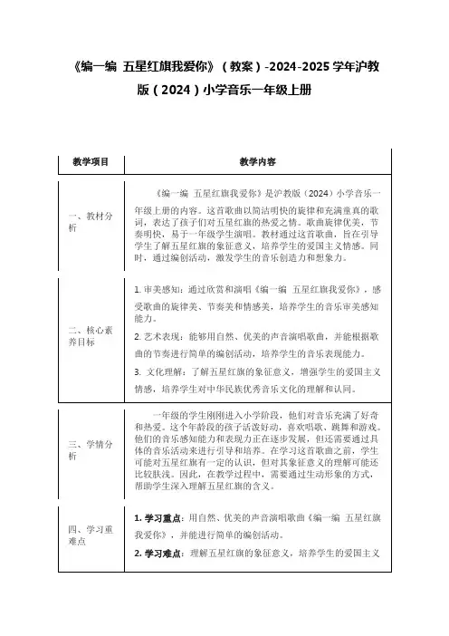 《编一编 五星红旗我爱你》(教案)-2024-2025学年沪教版(2024)小学音乐一年级上册