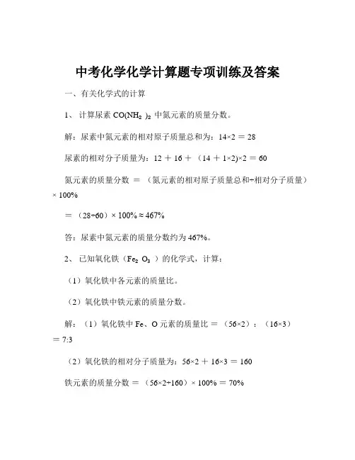 中考化学化学计算题专项训练及答案