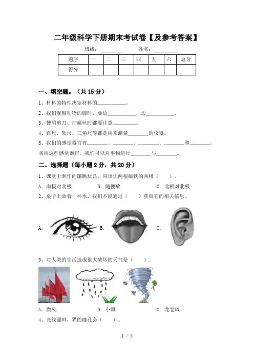二年级科学下册期末考试卷【及参考答案】