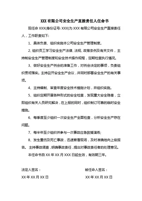 安全生产直接责任人任命书