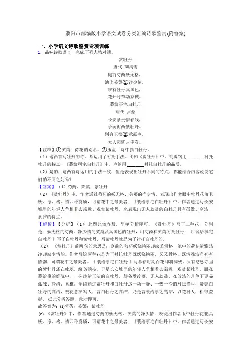 濮阳市部编版小升初语文试卷分类汇编诗歌鉴赏(附答案)