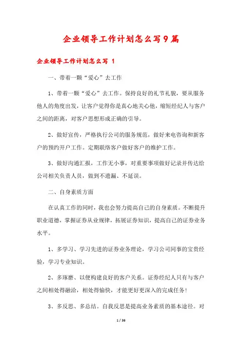 企业领导工作计划怎么写9篇