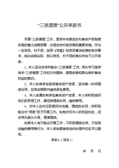 “三资清理”公开承诺书