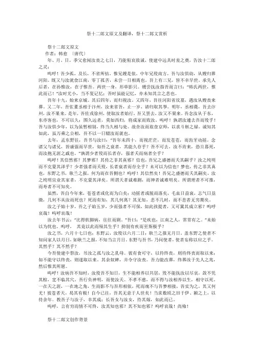 祭十二郎文原文及翻译,祭十二郎文赏析