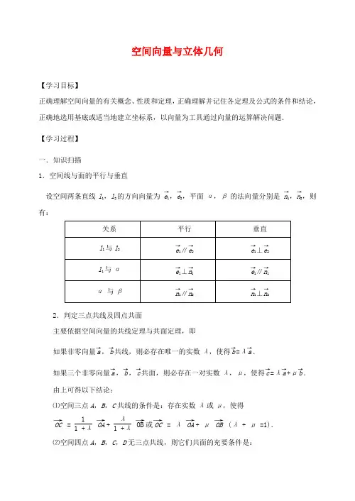 江苏省丹阳市2020学年高中数学第三章空间向量与立体几何章节复习和小结学案无答案苏教版选修2_1