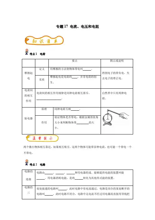 专题17电流电压和电阻(原卷版)-2023年中考物理精选考点专练(知识清单+基础+拔高)