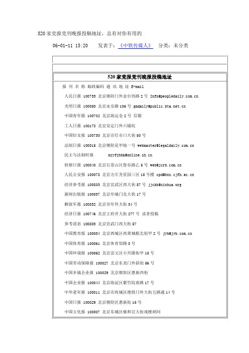 520家党报党刊晚报投稿地址