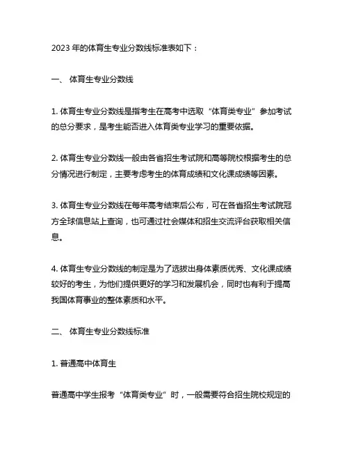 2023体育生专业分数线标准表
