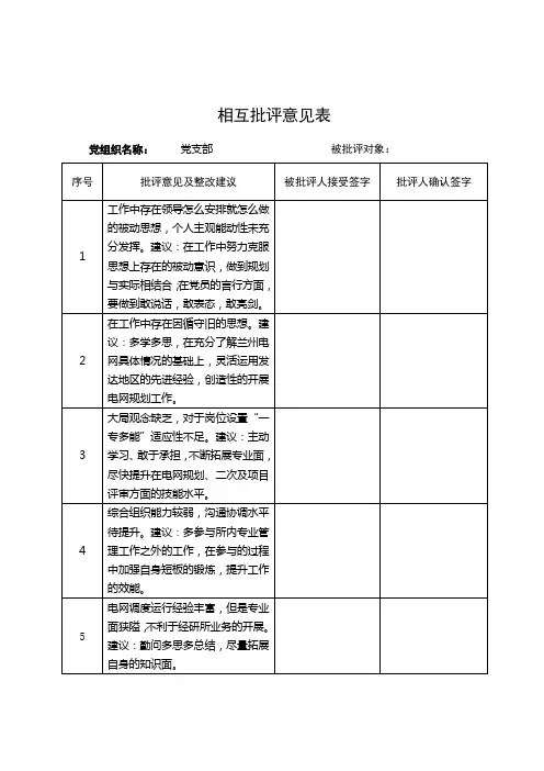 党员相互批评意见汇总表