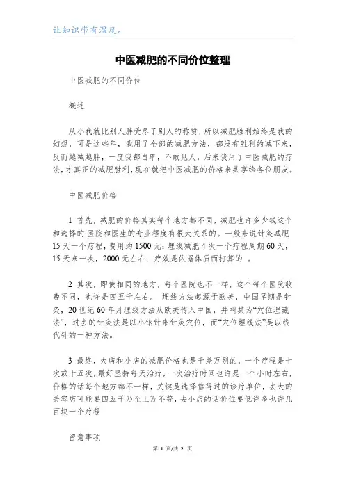 中医减肥的不同价位整理
