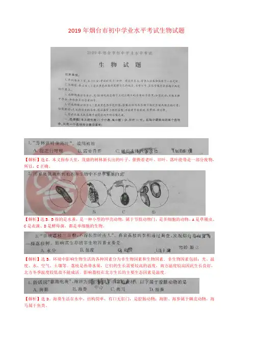 2019烟台学业水平考生物试题解析(带答案和解析)