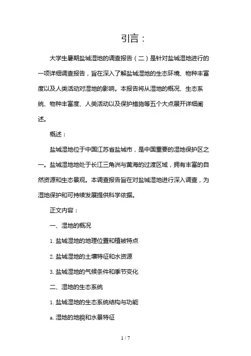 大学生暑期盐城湿地的调查报告(两篇)2024