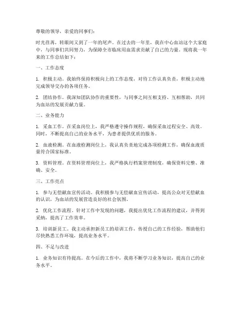 中心血站个人工作总结