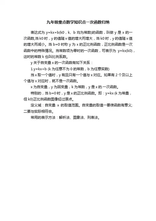 九年级重点数学知识点一次函数归纳