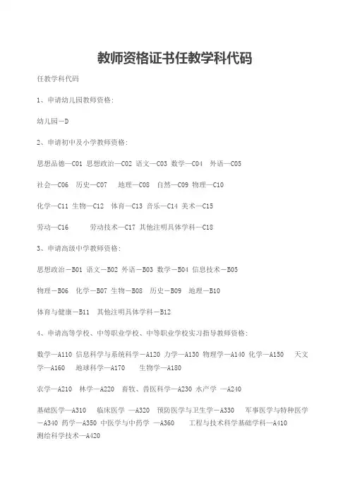教师资格证书任教学科代码