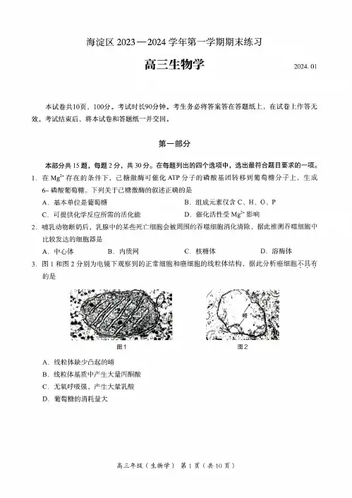 2023-2024学年北京海淀高三(上)期末生物(教师版)
