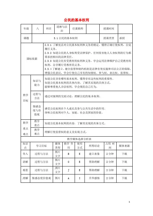 八年级道德与法治下册 第二单元 理解权利义务 第三课 公民权利 第1框 公民的基本权利教案 新人教版
