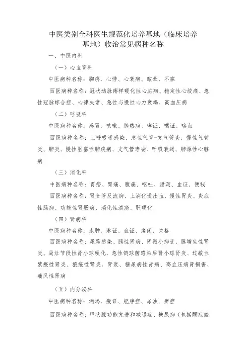 中医类别全科医生规范化培…养基地)收治常见病种名称
