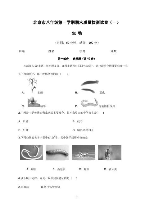 北京市八年级生物第一学期期末质量检测试卷(一)含答案与解析