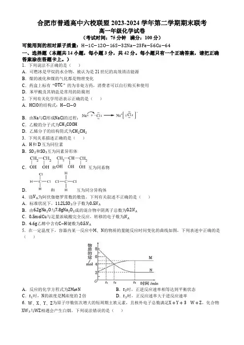 安徽省合肥市普通高中六校联盟2023-2024学年高一下学期期末联考化学试题(含答案)