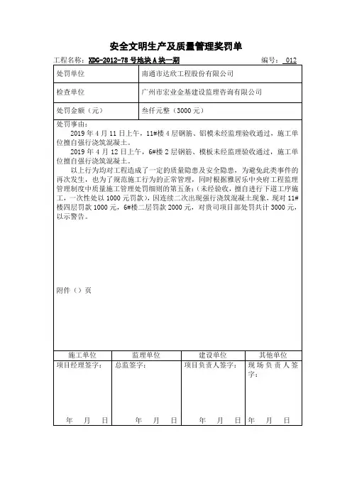 监理对施工单位所开罚款单