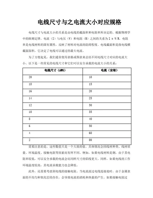 电线尺寸与之电流大小对应规格