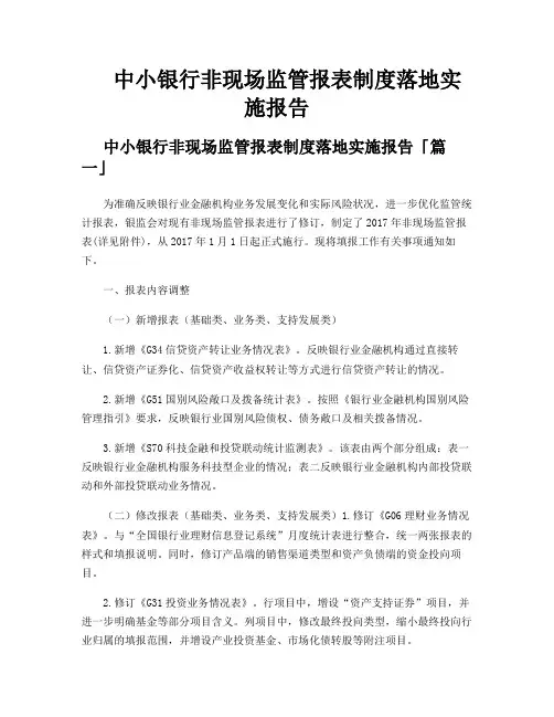中小银行非现场监管报表制度落地实施报告