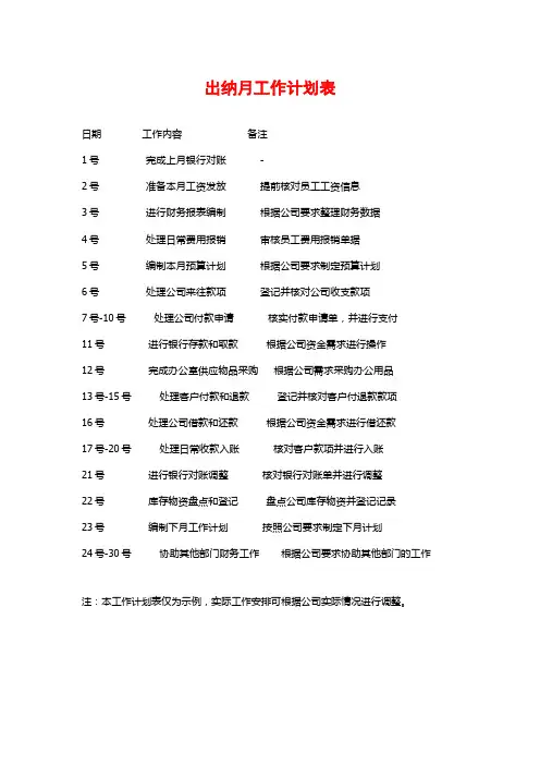 出纳月工作计划表