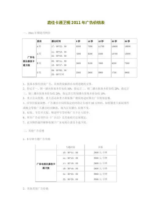 嘉佳卡通卫视2011年广告价格表